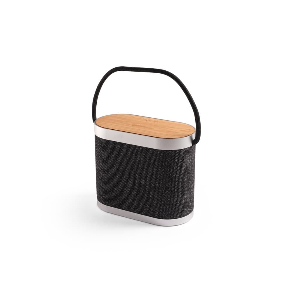 GUETTA. Altoparlante portatile da 5W con caricatore wireless superveloce da 15W e autonomia di 2 ore in bambù e PET riciclato (100% rPET) - vista 1