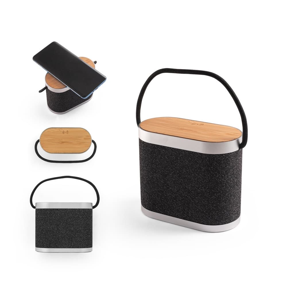 GUETTA. Altoparlante portatile da 5W con caricatore wireless superveloce da 15W e autonomia di 2 ore in bambù e PET riciclato (100% rPET) - vista 5