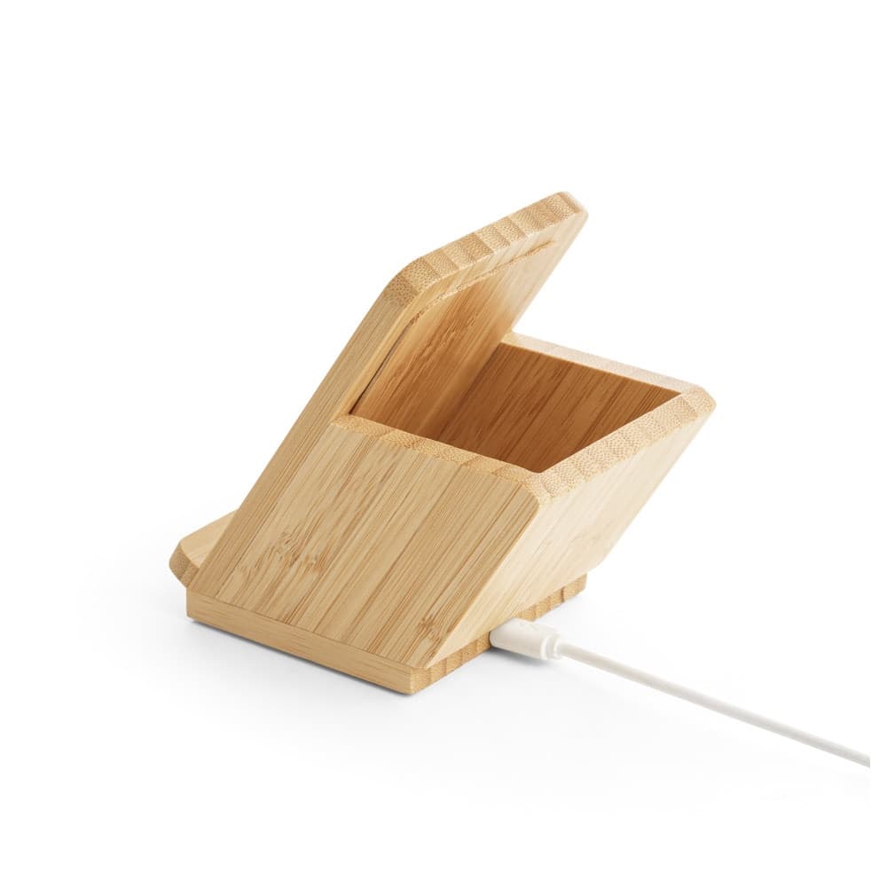 LEAVITT. Supporto per smartphone e porta biro con caricatore wireless veloce da 10W in bambù - vista 3
