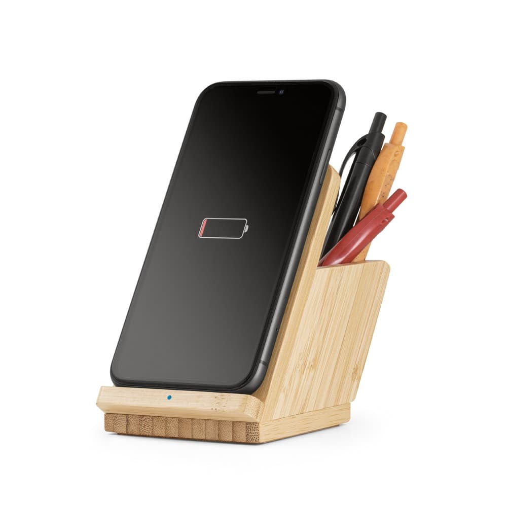 LEAVITT. Supporto per smartphone e porta biro con caricatore wireless veloce da 10W in bambù - vista 5