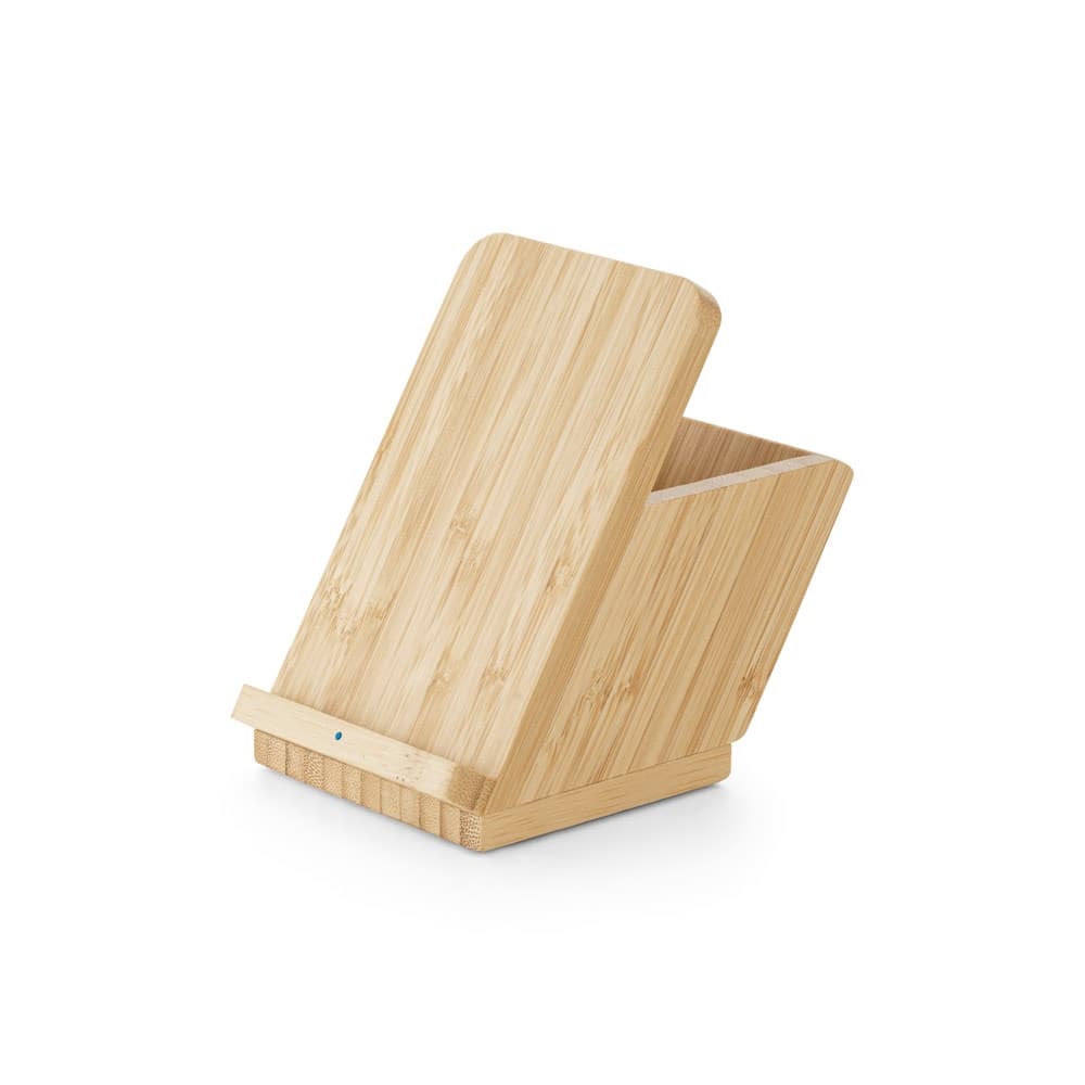 LEAVITT. Supporto per smartphone e porta biro con caricatore wireless veloce da 10W in bambù - vista 1