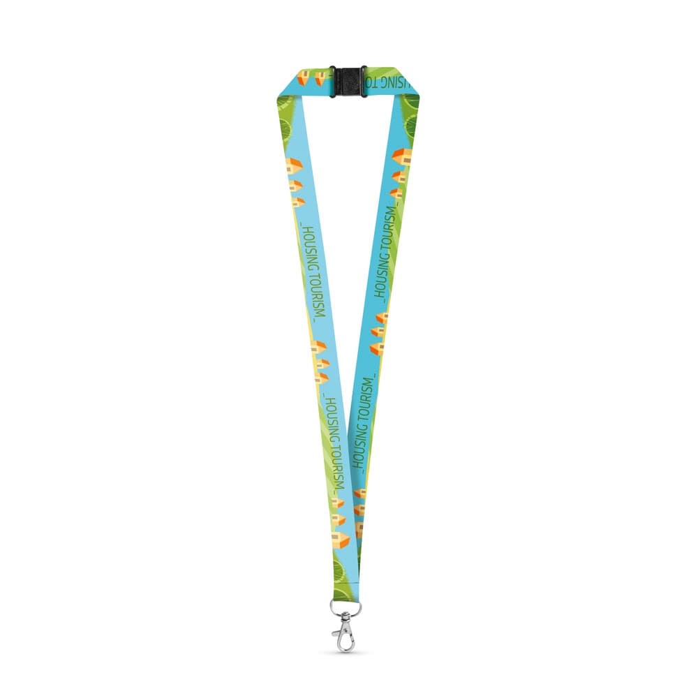 DOVER. SET Lanyard SUBLIMATION Long II (20 mm) in poliestere riciclato (100% rPET) con moschettone a leva da 20 mm e chiusura di sicurezza