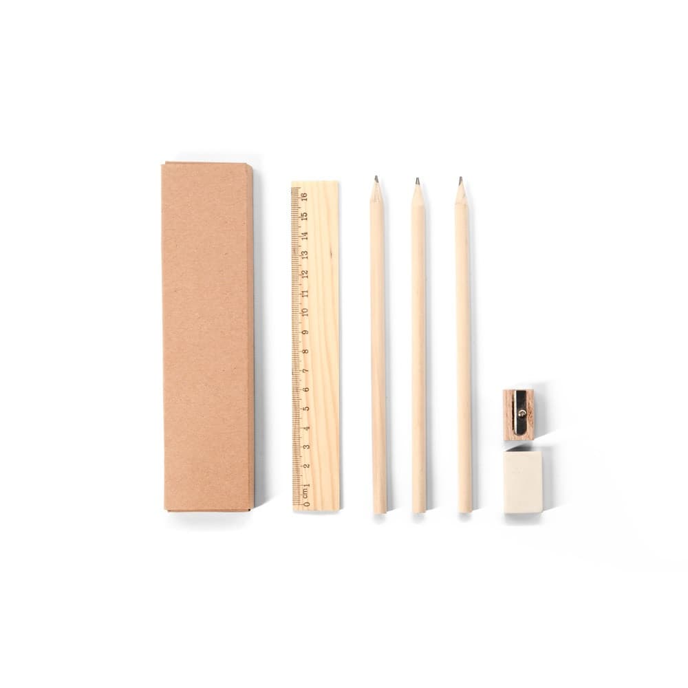 GEOFFREY. Versatile set da scrittura composto da matita, temperino, gomma e righello