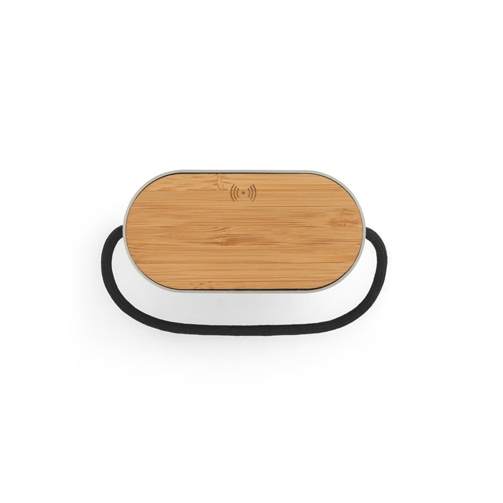 GUETTA. Altoparlante portatile da 5W con caricatore wireless superveloce da 15W e autonomia di 2 ore in bambù e PET riciclato (100% rPET)
